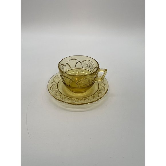 Vtg. Federal Depression Glass Rosemary Dutch Rose Amber Tea Cup with Saucer 4" - Picture 3 of 4